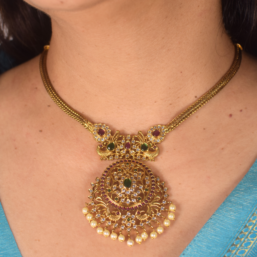 Golden Multicolor Anuja Temple Jewellery Set