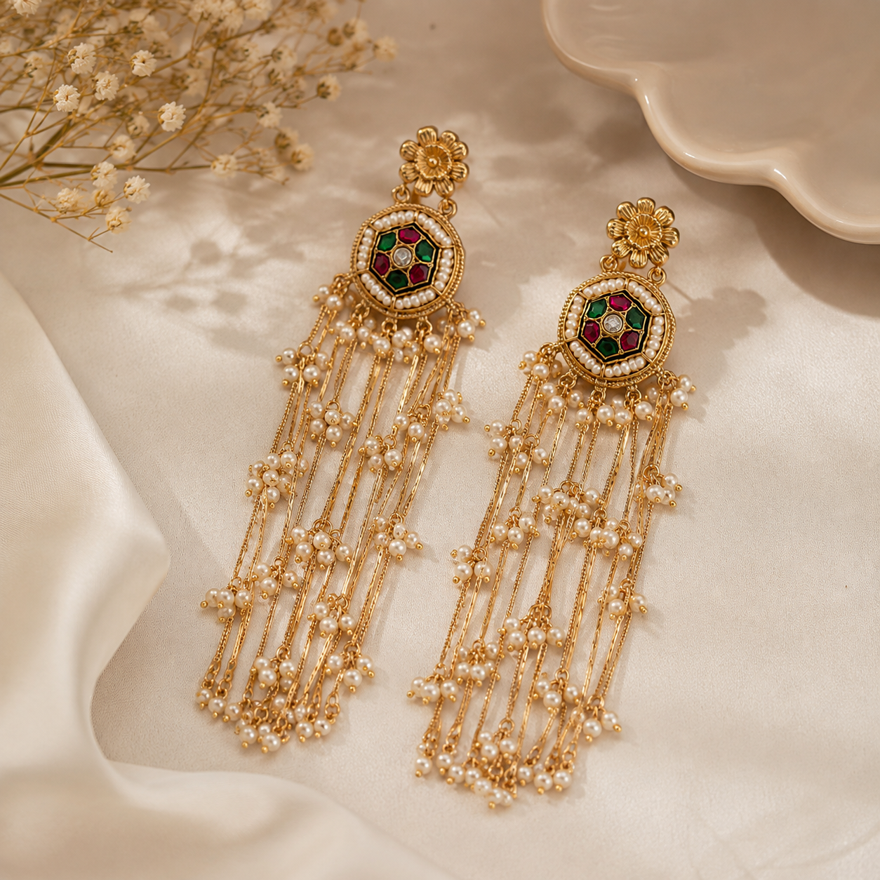 Kashmiri Long Gold Dangler Earrings