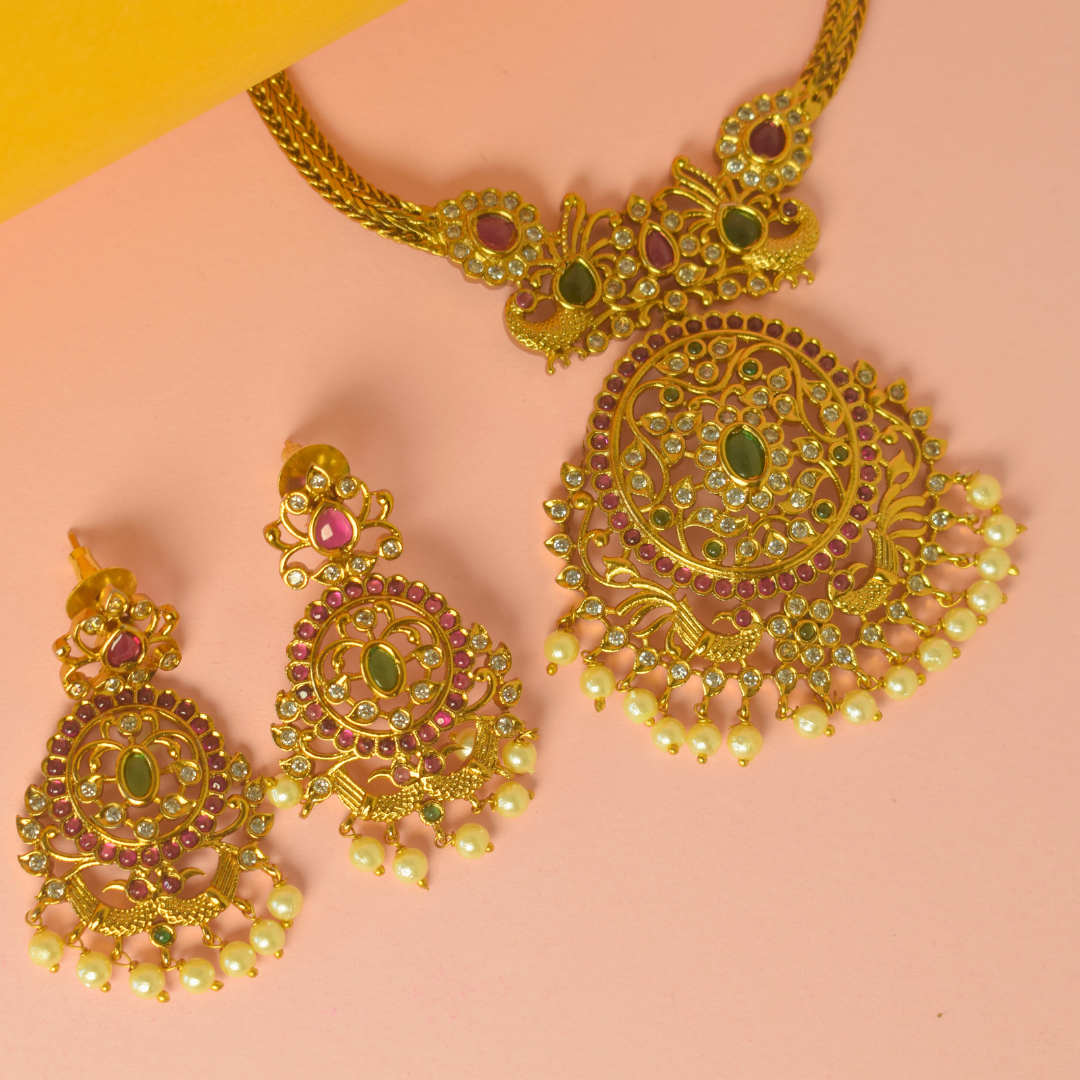 Golden Multicolor Anuja Temple Jewellery Set