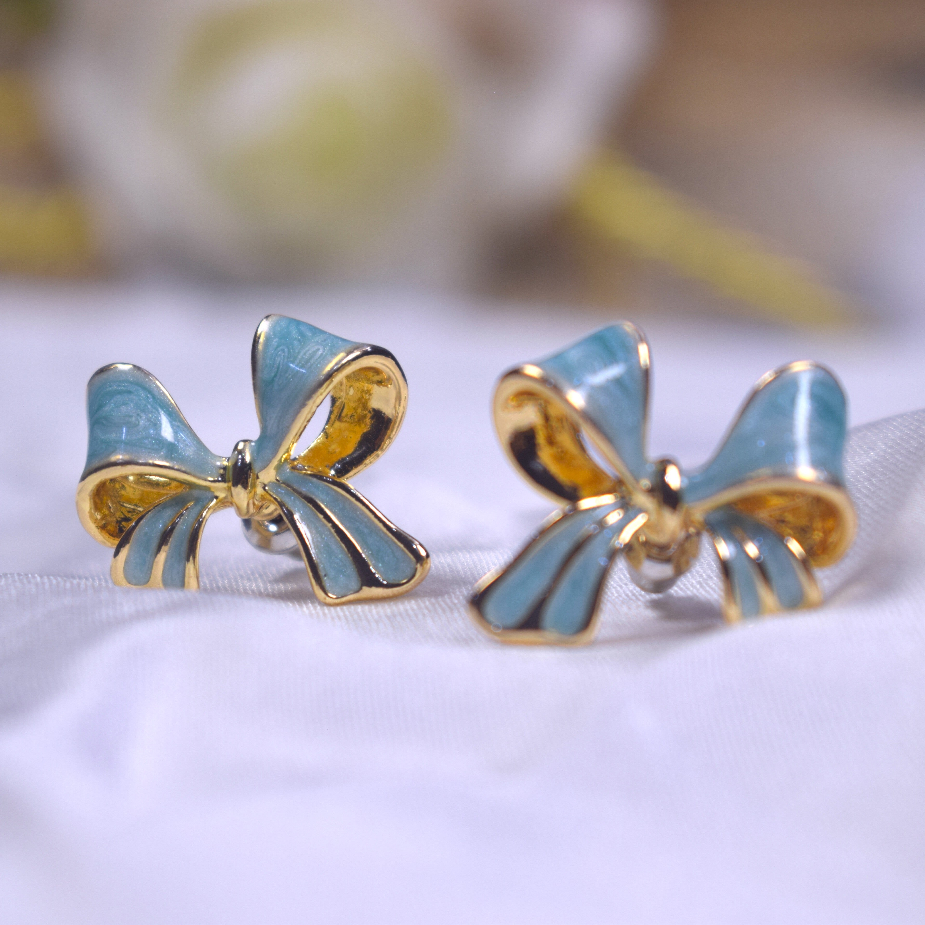 Blue Enamel Bow Stud Earrings