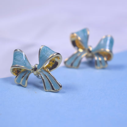 Blue Enamel Bow Stud Earrings