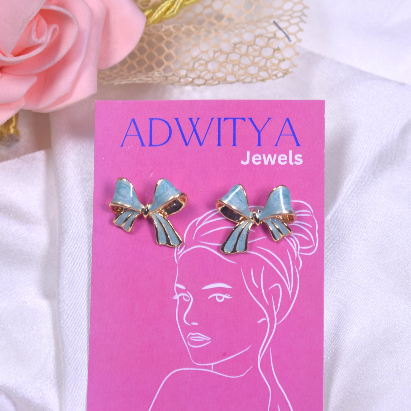 Blue Enamel Bow Stud Earrings