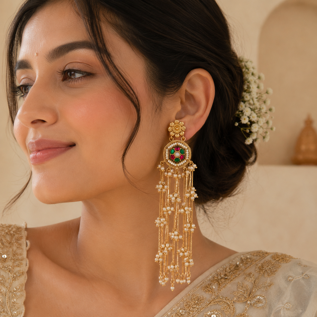 Kashmiri Long Gold Dangler Earrings