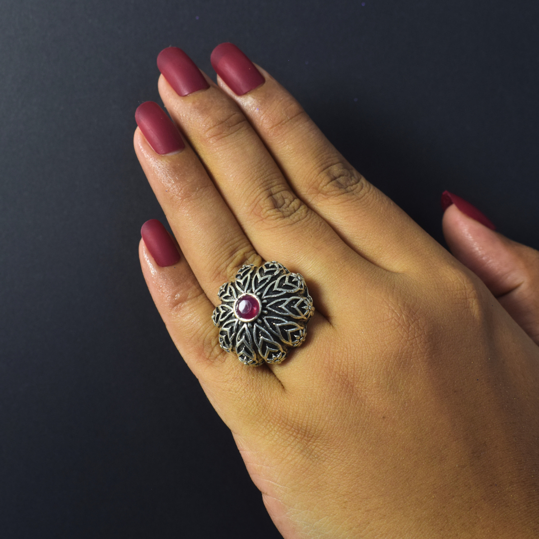 Soorya Ruby Oxidised Ring